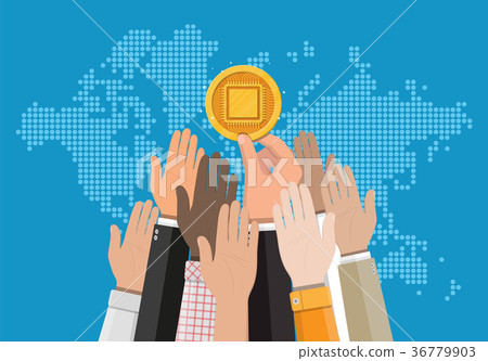Golden coin with computer chip in hand Golden coin with computer chip in hand 36779903