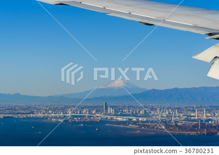 Aerial view of Mount Fuji from above Tokyo Bay 36780231