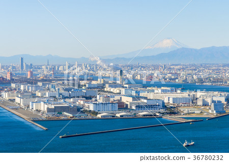 Mt.富士鳥瞰圖從Keihin工業區的 Mt.富士鳥瞰圖從Keihin工業區的 36780232