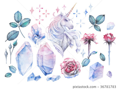 Watercolor design with unicorn and rose vignette Watercolor design with unicorn and rose vignette 36781783