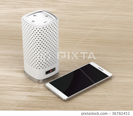 Speaker and smartphone on wood background 36782451
