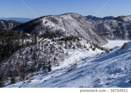 Frozen five color swamp and five color mountains seen from Nikko Shirane mountain Frozen five color swamp and five color mountains seen from Nikko Shirane mountain 36784952
