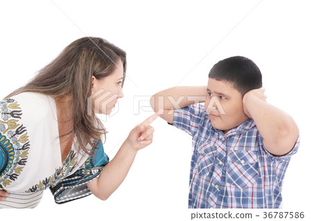 Mother scolding her son with pointed finger 36787586