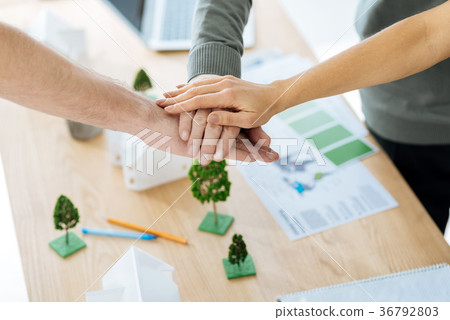 Friendly coworkers making a pyramid of hands after Friendly coworkers making a pyramid of hands after 36792803