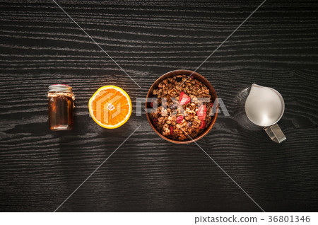 Healthy breakfast. granola milk fruit and honey Healthy breakfast. granola milk fruit and honey 36801346