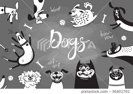 Card with joyful dogs and happy puppies. Vector 36801702