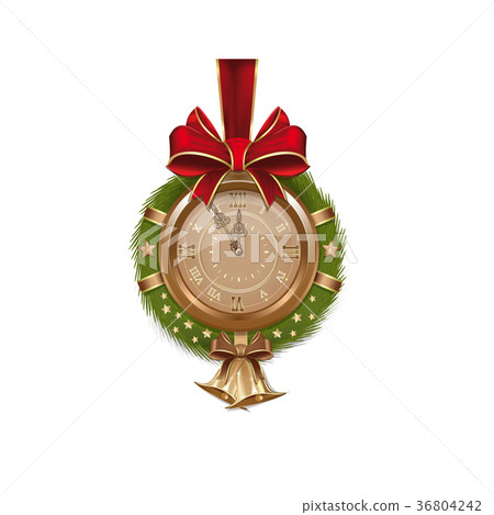 Golden antique clock inside Christmas fir wreath 36804242