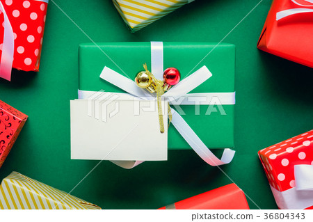 top view mock up white text label and gift boxes  36804343