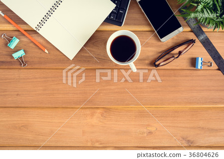top view desk wood and office equipment top view desk wood and office equipment 36804626