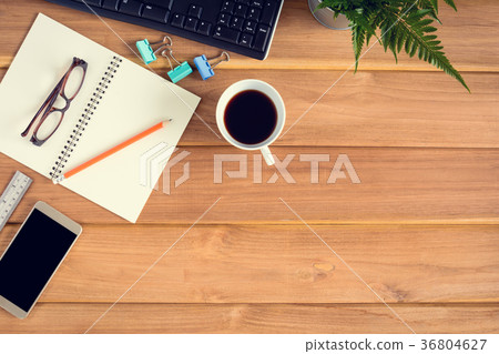 top view desk wood and office equipment top view desk wood and office equipment 36804627