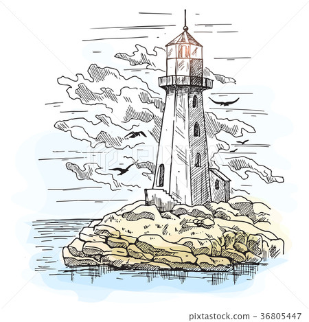 Island with rocks and lighthouse building Island with rocks and lighthouse building 36805447