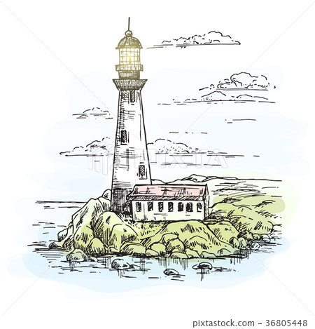 Lighthouse on island with rocks sketch. Lighthouse on island with rocks sketch. 36805448
