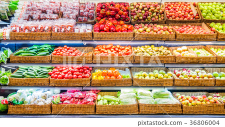 Fresh fruits and vegetables on shelf in market Fresh fruits and vegetables on shelf in market 36806004