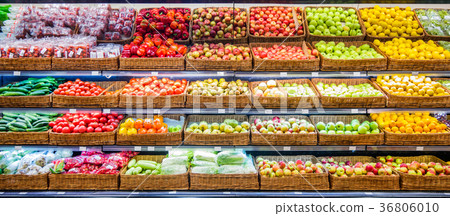 Fresh fruits and vegetables on shelf in market 36806010
