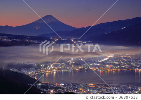 Fuji and Lake Suwa horizontal size at the border of night and morning 36807618