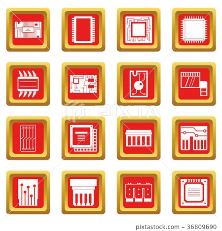Computer chips icons set red Computer chips icons set red 36809690