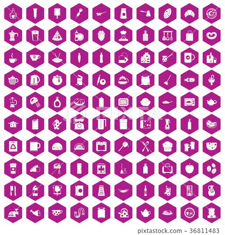 100 kitchen icons hexagon violet 36811483