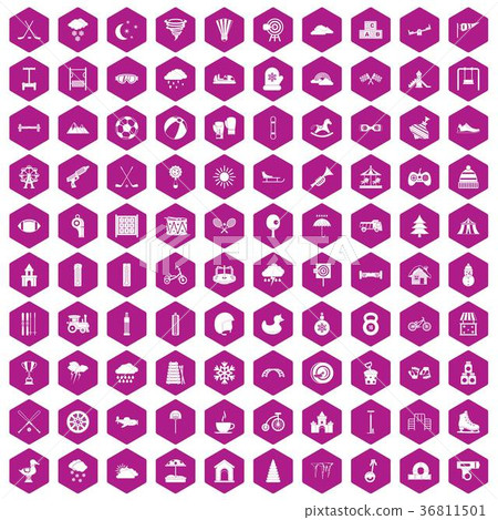 100 kids games icons hexagon violet 36811501