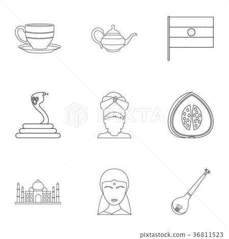 Indian symbols icon set, outline style Indian symbols icon set, outline style 36811523