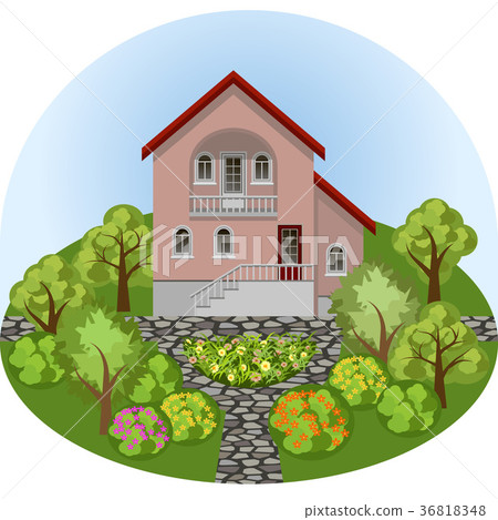 Manor house in cartoon summer garden landscape 36818348