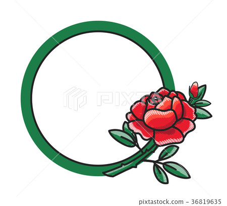 Frame Design with Hand Drawn Red Rose Green Leaves Frame Design with Hand Drawn Red Rose Green Leaves 36819635