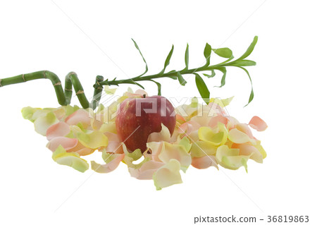 Bamboo and big red fresh apple with aromatic rose Bamboo and big red fresh apple with aromatic rose 36819863