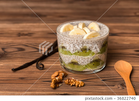 chia seed pudding in glass cup made with bananas 36822740