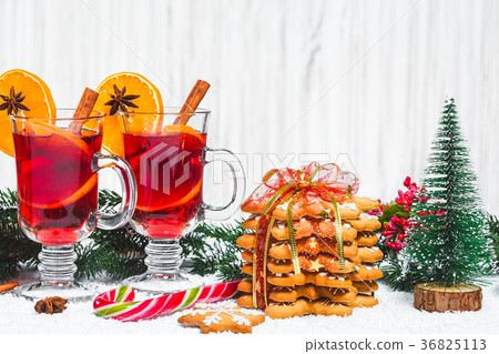 Christmas glass of red mulled wine on table  36825113