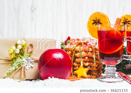 Christmas glass of red mulled wine on table  36825155