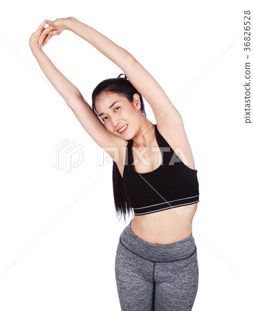 fitness woman stretching the muscles of her arms isolated on whi fitness woman stretching the muscles of her arms isolated on whi 36826528