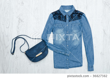 Blue jeans shirt and handbag. Fashionable concept 36827382