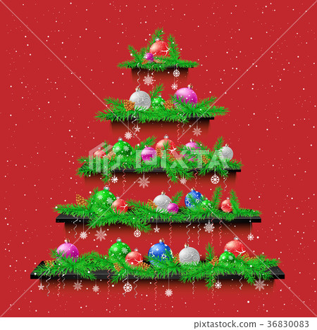 Shelves Christmas tree red background 36830083