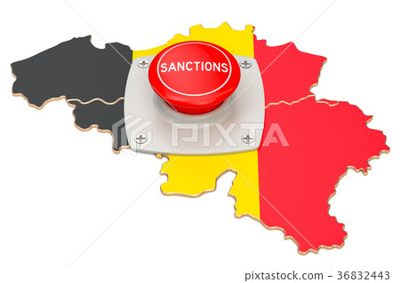 Sanctions button on map of Belgium, 3D rendering 36832443