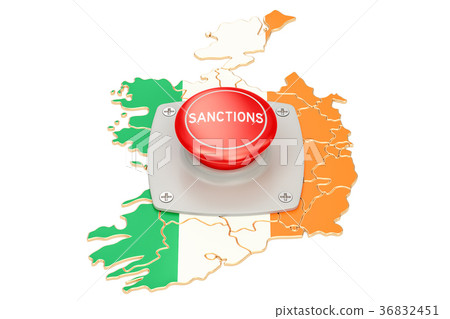 Sanctions button on map of Ireland, 3D rendering 36832451