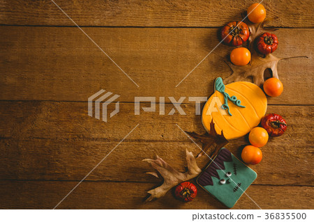 Overhead view of food with autumn leaves on table Overhead view of food with autumn leaves on table 36835500