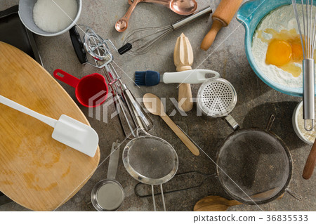 Gingerbread cookies ingredients with various utensils on table Gingerbread cookies ingredients with various utensils on table 36835533