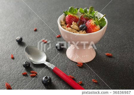 Bowl of breakfast cereals and fruits with spoon Bowl of breakfast cereals and fruits with spoon 36836987