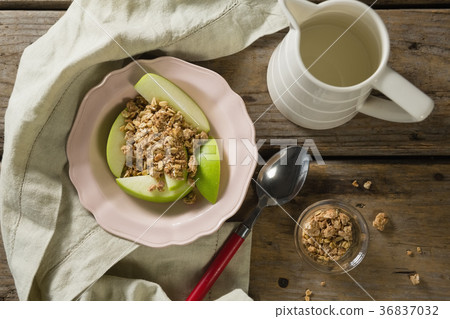 Plate of breakfast cereals with fruits and milk Plate of breakfast cereals with fruits and milk 36837032
