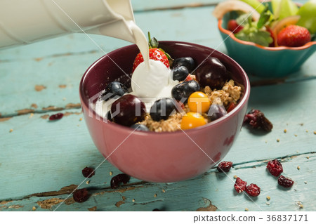 Milk being poured into bowl of breakfast cereal Milk being poured into bowl of breakfast cereal 36837171