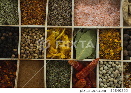 Various spices arranged in tray Various spices arranged in tray 36840263