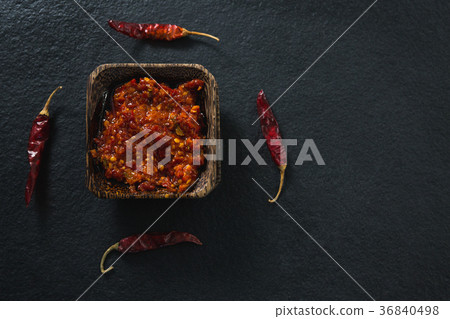 Chili pepper sauce in bowl with red chili Chili pepper sauce in bowl with red chili 36840498