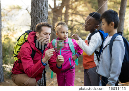 Teacher and kids examining plant Teacher and kids examining plant 36851433