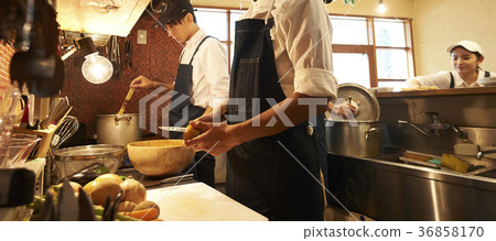 Staff cooking in a cafe kitchen Staff cooking in a cafe kitchen 36858170