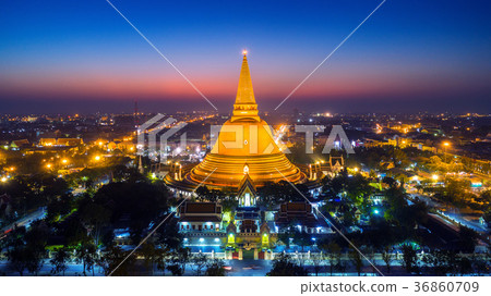 Aerial view of Beautiful Gloden pagoda at sunset. 36860709