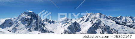 Panoramic view of snow-capped mountain peaks Panoramic view of snow-capped mountain peaks 36862147