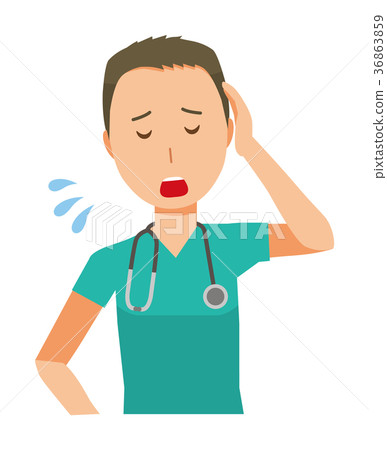 Male doctor wearing a green scrub is tired 36863859
