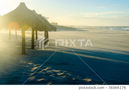 Overexposed beach evening with many sun umbrellas Overexposed beach evening with many sun umbrellas 36866176