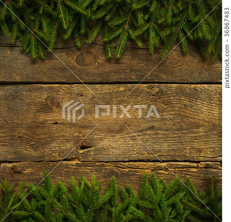 Christmas tree branches on wooden texture 36867483