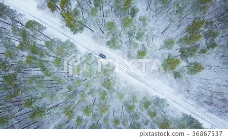 Aerial view on car driving through winter road Aerial view on car driving through winter road 36867537