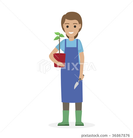 Happy Gardener with Plant in Pot and Garden Shovel Happy Gardener with Plant in Pot and Garden Shovel 36867876